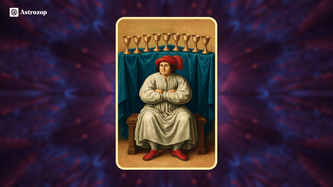 Nine of Cups tarot card showing a content figure sitting with nine golden cups arranged behind them