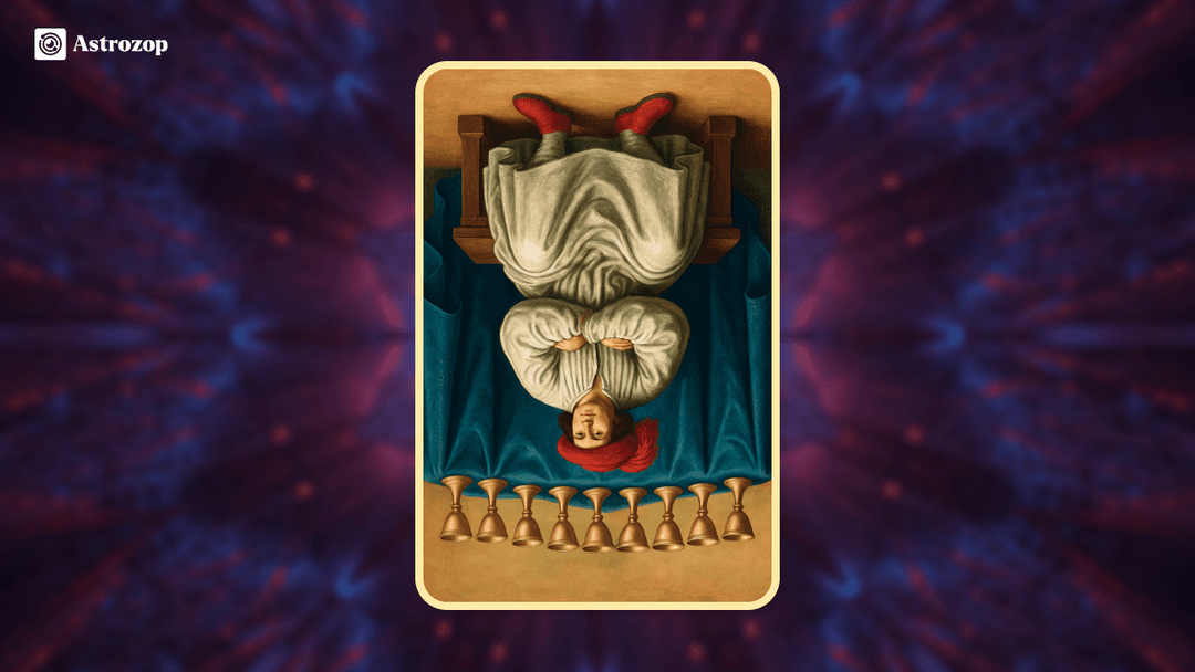 Reversed Nine of Cups tarot card showing a figure with nine cups behind them