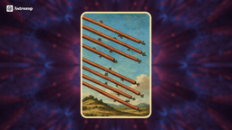 Eight of Wands tarot card showing eight wands flying swiftly through an open sky