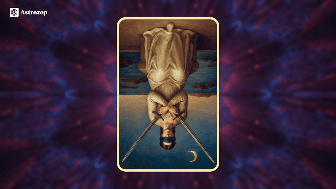 Reversed Two of Swords tarot card showing a figure lowering the crossed swords